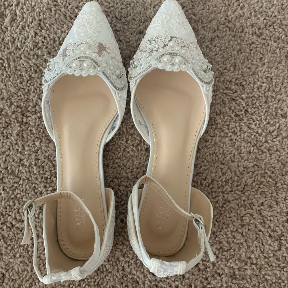 Kailee P White Lace & Pearl Wedding Flats